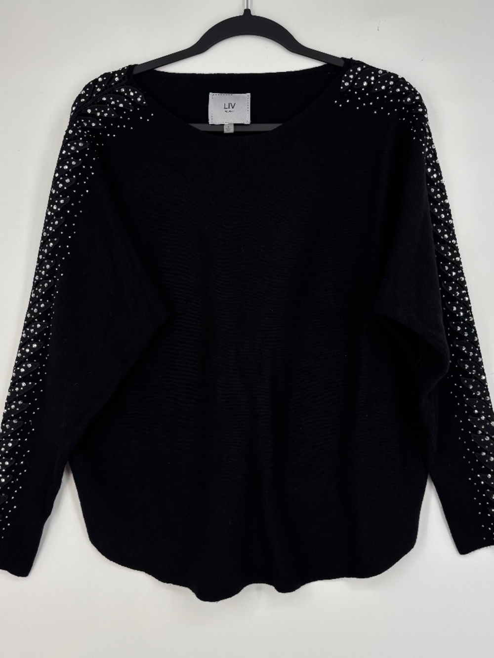 LIV Milano Womens Large Pullover Sweater Black Silver Studded Sleeves Crochet